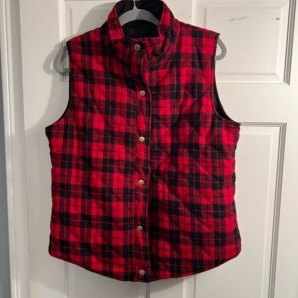 Red and Black Plaid Puffer Vest